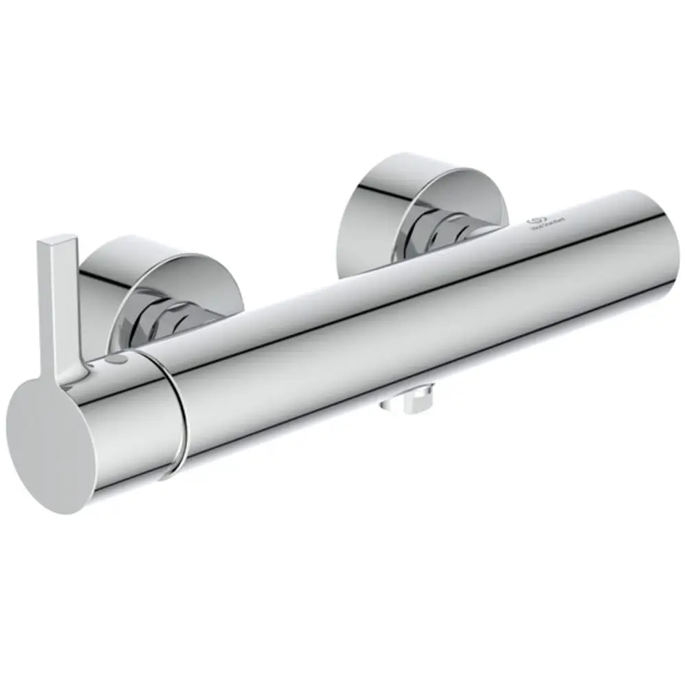 Chromene Brausearmatur von Ideal Standard mit seitlichem Hebel zur Temperaturregelung und zwei runden Montageplatten.